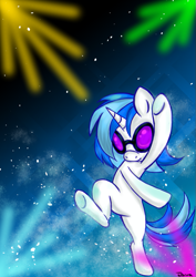 Size: 595x842 | Tagged: safe, artist:telasra, dj pon-3, vinyl scratch, pony, unicorn, g4, bipedal, dancing, female, fireworks, horn, mare, smiling, solo, standing, standing on one leg, sunglasses, underhoof