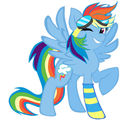 Size: 2449x2449 | Tagged: safe, artist:telasra, rainbow dash, pegasus, pony, g4, clothes, female, goggles, grin, high res, mare, simple background, smiling, socks, solo, striped socks, transparent background, wings