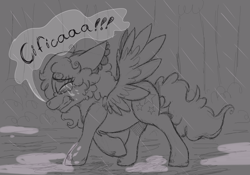 Size: 1624x1139 | Tagged: safe, artist:milledpurple, oc, oc only, pegasus, pony, crying, eyes closed, gritted teeth, lineart, pegasus oc, rain, raised hoof, sad, solo, wings