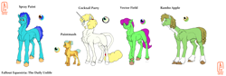 Size: 3600x1206 | Tagged: safe, artist:anelaponela, oc, oc only, oc:cocktail party, oc:paintmash, oc:rambo apple, oc:spray paint, oc:vector field, earth pony, pony, unicorn, fallout equestria, colt, ear fluff, earth pony oc, fallout equestria: the daily unlife, female, headcanon, horn, leonine tail, male, redesign, reference sheet, simple background, smiling, solo, tail, unicorn oc