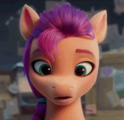 Size: 676x652 | Tagged: safe, screencap, sunny starscout, earth pony, pony, g5, my little pony: a new generation, spoiler:my little pony: a new generation, animated, cropped, female, looking at you, mare, realization, solo, wide eyes