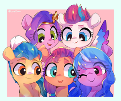 Size: 2940x2466 | Tagged: safe, artist:lexiedraw, hitch trailblazer, izzy moonbow, pipp petals, sunny starscout, zipp storm, earth pony, pegasus, pony, unicorn, g5, my little pony: a new generation, spoiler:my little pony: a new generation, adorapipp, adorazipp, cute, female, group, high res, hitchbetes, izzybetes, male, mane five, mare, quintet, royal sisters (g5), siblings, sisters, stallion, sunnybetes