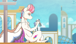 Size: 2000x1160 | Tagged: safe, artist:inuhoshi-to-darkpen, zipp storm, pegasus, pony, g5, my little pony: a new generation, spoiler:my little pony: a new generation, butt fluff, cheek feathers, cheek fluff, chest fluff, colored eyebrows, crown, ear fluff, feathered fetlocks, female, fluffy, frown, hoof fluff, hoof hold, jewelry, leg fluff, looking at something, mare, regalia, sitting, solo, tail, tail feathers, unshorn fetlocks, wing fluff, wings, zephyr heights