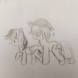 Size: 640x640 | Tagged: safe, artist:snowzaaah, applejack, rainbow dash, earth pony, pegasus, pony, g4, appledashdailydoodles, doodle, female, lesbian, monochrome, pencil drawing, ship:appledash, shipping, sketch, traditional art