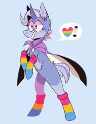 Size: 640x829 | Tagged: safe, artist:daniefox, trixie, pony, unicorn, g4, agender, agender pride flag, alternate hairstyle, cape, chest fluff, clothes, coat markings, curved horn, gender headcanon, grin, headcanon, heart, horn, pansexual, pansexual pride flag, pride, pride flag, pride socks, sexuality headcanon, smiling, socks, socks (coat markings), solo, striped socks