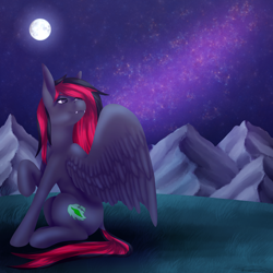 Size: 3000x3000 | Tagged: safe, artist:ermy-poo, oc, oc only, pegasus, pony, fangs, full moon, high res, milky way galaxy, moon, mountain, night, night sky, raised hoof, sitting, sky, solo, spread wings, starry night, wings