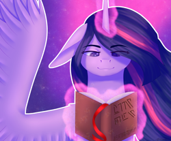 Size: 3000x2483 | Tagged: safe, artist:ermy-poo, twilight sparkle, alicorn, pony, g4, book, bust, female, floppy ears, high res, magic, mare, solo, telekinesis, twilight sparkle (alicorn)