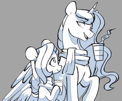 Size: 1280x1055 | Tagged: safe, artist:chub-wub, fluttershy, princess luna, alicorn, pegasus, pony, g4, clothes, coffee, cup, female, lesbian, mare, monochrome, open mouth, raised hoof, scarf, ship:lunashy, shipping