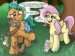 Size: 2451x1845 | Tagged: safe, artist:doodledonutart, angel bunny, fluttershy, hitch trailblazer, bird, earth pony, ferret, mouse, pegasus, pony, rabbit, squirrel, g5, my little pony: a new generation, spoiler:my little pony: a new generation, angel bunny is not amused, animal, comic, critter magnet, female, flutterhitch, forest, male, shipping, stallion, straight, text, the new fluttershy