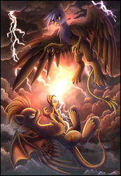 Size: 2100x3028 | Tagged: safe, artist:atlas-66, gilda, spitfire, dracony, dragon, griffon, hybrid, fanfic:the empty room, g4, duo, duo female, female, fight, frown, high res, lightning, mare, multiple wings, open mouth, sky, storm, stormcloud, teeth, wanderer d, wings