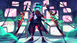 Size: 3440x1935 | Tagged: safe, artist:redchetgreen, oc, oc only, oc:cherry blossom, anthro, plantigrade anthro, clothes, cyberpunk, female, future, high res, melee weapon, pants, samurai, shoes, solo, static, sunglasses, sword, television, weapon