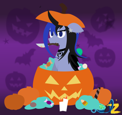 Size: 1864x1761 | Tagged: safe, artist:samsailz, oc, oc only, oc:essie, bat pony, pony, candle, candy, commission, food, halloween, holiday, jack-o-lantern, knife, pumpkin, solo, ych result