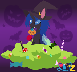 Size: 1864x1761 | Tagged: safe, artist:samsailz, oc, oc only, oc:swift dawn, changeling, blue changeling, blue eyes, candy, candy bag, candy pile, changeling oc, commission, cute, fangs, food, halloween, hat, holiday, horn, male, purple background, signature, simple background, solo, stallion, wings, witch hat, ych result
