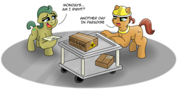 Size: 3814x1955 | Tagged: safe, artist:doodledonutart, oc, earth pony, pony, g5, my little pony: a new generation, cardboard box, comic, commission, factory, monday, unnamed character, unnamed pony