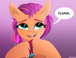 Size: 2722x2070 | Tagged: safe, artist:andaluce, sunny starscout, earth pony, pony, g5, my little pony: a new generation, spoiler:g5, spoiler:my little pony: a new generation, bronybait, cute, ear fluff, high res, lineless, looking at you, pleading, simple background, smiling, solo, speech bubble, sunnybetes, talking to viewer, unshorn fetlocks