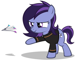 Size: 4140x3380 | Tagged: safe, artist:strategypony, oc, oc only, oc:raven storm, earth pony, pony, clothes, earth pony oc, female, filly, long sleeves, plane, raised hoof, simple background, stealth pun, throwing, toy, transparent background