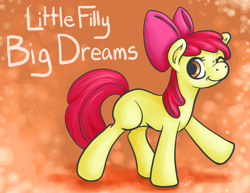 Size: 3850x2975 | Tagged: safe, artist:derpybloo, apple bloom, earth pony, pony, g4, female, filly, high res, one eye closed, solo, text, wink