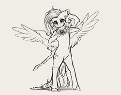 Size: 3952x3096 | Tagged: safe, artist:miokomata, fluttershy, pegasus, anthro, unguligrade anthro, g4, belly button, female, floppy ears, freckles, freckleshy, grayscale, high res, magic, mare, monochrome, solo, staff