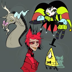 Size: 2048x2048 | Tagged: safe, artist:void_paint, discord, butterfly, deer, demon, draconequus, imp, robot, undead, wendigo, g4, 2021, alastor, animatronic, antlers, artificial demon, bill cipher, bowtie, clothes, crossover, deer demon, drawing, fangs, floating hat, glass eye, gray background, hat, hazbin hotel, hellaverse, helluva boss, high res, horn, jester, jester hat, jester outfit, loo loo land, male, overlord demon, robotic fizzarolli, sharp teeth, signature, simple background, sinner demon, suit, teeth, that's entertainment, tongue out, top hat, triangle, yellow teeth