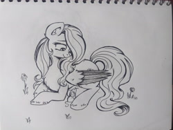 Size: 4608x3456 | Tagged: safe, artist:dreamy990, fluttershy, mouse, pony, g4, lying down, monochrome, prone, solo, traditional art