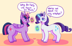Size: 1280x828 | Tagged: safe, artist:fatfurparadise, part of a set, rarity, twilight sparkle, alicorn, pony, unicorn, g4, backwards cutie mark, can, commission, curved horn, dialogue, duo, female, horn, levitation, looking at each other, magic, mare, open mouth, telekinesis, this will end in weight gain, twilight sparkle (alicorn)