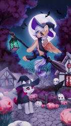 Size: 1706x3034 | Tagged: safe, artist:inowiseei, oc, oc only, bat, pegasus, pony, unicorn, broom, female, fence, flying, flying broomstick, halloween, hat, holiday, house, jack-o-lantern, lantern, mare, moon, night, pumpkin, pumpkin bucket, sign, skull, witch hat