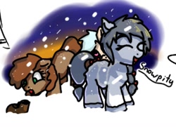 Size: 1006x729 | Tagged: safe, artist:neuro, oc, oc only, earth pony, pony, yakutian horse, boots, bow, duo, eyes closed, female, filly, fluffy, hair bow, shoes, snow, snowfall, snowpity, tail, tail bow, unshorn fetlocks
