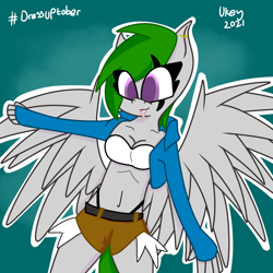 Size: 1280x1280 | Tagged: safe, artist:ukedideka, oc, oc only, oc:quizzical aphre, pegasus, anthro, belly button, clothes, ear piercing, eye clipping through hair, pegasus oc, piercing, shorts, simple background, smiling, spread wings, standing, tongue out, wings