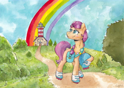 Size: 6782x4796 | Tagged: safe, artist:lightisanasshole, sunny starscout, earth pony, pony, g5, bag, blushing, bush, button, buttons, chest fluff, day, ear fluff, female, field, grass, grass field, helmet, hill, lighthouse, looking back, looking up, mare, neck fluff, outdoors, rainbow, road, roller skates, sky, smiling, solo, traditional art, tree, watercolor painting