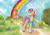 Size: 6782x4796 | Tagged: safe, artist:lightisanasshole, sunny starscout, earth pony, pony, g5, bag, blushing, bush, button, buttons, chest fluff, day, ear fluff, female, field, grass, grass field, helmet, hill, lighthouse, looking back, looking up, mare, neck fluff, outdoors, rainbow, road, roller skates, sky, smiling, solo, sunny starscout's lighthouse, traditional art, tree, watercolor painting