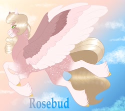 Size: 2422x2142 | Tagged: safe, artist:inisealga, oc, oc only, oc:rosebud, pegasus, pony, g5, my little pony: a new generation, flying, high res, offspring, parent:pipp petals, parent:sprout cloverleaf, pegasus oc, shipping, simple background, sky, spread wings, wings