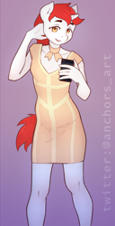 Size: 2500x4898 | Tagged: safe, artist:oneofyouare, oc, oc only, oc:silver bubbles, unicorn, anthro, plantigrade anthro, bandage dress, bodycon, choker, clothes, collarbone, crossdressing, dress, male, phone, red hair, solo, tight clothing, white coat