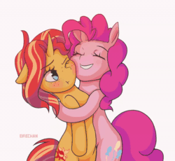 Size: 1200x1102 | Tagged: safe, artist:katakiuchi4u, pinkie pie, sunset shimmer, earth pony, pony, unicorn, g4, :t, animated, bipedal, blushing, cheek squish, cheek to cheek, curved horn, cute, diapinkes, eye clipping through hair, eyebrows, eyebrows visible through hair, eyes closed, female, floppy ears, frame by frame, freckles, gif, grin, horn, hug, lesbian, mare, one eye closed, peppered bacon, ponytober, shimmerbetes, ship:sunsetpie, shipping, simple background, smiling, squishy cheeks, white background