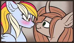 Size: 1316x780 | Tagged: safe, artist:colourwave, oc, oc only, oc:caelicus dawnus, oc:colourwave, alicorn, pegasus, pony, alicorn oc, blushing, caeliwave, chin fluff, embarrassed, eye contact, female, floppy ears, horn, infatuation, looking at each other, male, mare, multicolored hair, pegasus oc, ponytail, shipping, smiling, stallion, wings