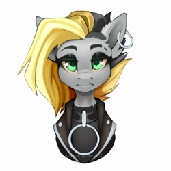 Size: 4096x4096 | Tagged: safe, artist:buvanybu, oc, oc only, oc:tlen borowski, pony, absurd resolution, black eyeshadow, bust, clothes, collar, collar ring, ear piercing, earring, eyebrow slit, eyebrows, eyeshadow, female, jacket, jewelry, leather jacket, looking at you, makeup, mare, piercing, portrait, simple background, solo, undercut, white background