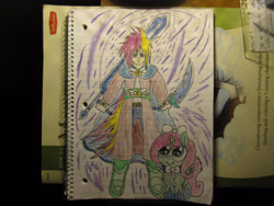 Size: 2828x2121 | Tagged: safe, artist:piplupstarscommander, oc, oc:calamity, oc:sugar cookie, alicorn, human, pony, alicorn oc, calamity, high res, horn, lined paper, looking up, sword, traditional art, weapon, wings