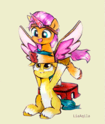 Size: 509x600 | Tagged: safe, artist:liaaqila, artist:szafir87, hitch trailblazer, sunny starscout, earth pony, pony, g5, my little pony: a new generation, spoiler:my little pony: a new generation, animated, blinking, colt, colt hitch trailblazer, cute, daaaaaaaaaaaw, fake horn, fake wings, female, filly, filly sunny starscout, foal, gif, happy, hitchbetes, hnnng, liaaqila is trying to murder us, male, open mouth, smiling, stool, sunnybetes, traditional art, weapons-grade cute, younger