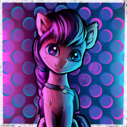 Size: 4000x4000 | Tagged: safe, artist:adagiostring, sunny starscout, earth pony, pony, g5, my little pony: a new generation, abstract background, absurd resolution, bust, commission, cute, female, gradient background, looking at you, mare, portrait, smiling, solo