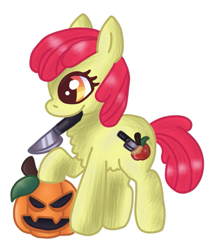 Size: 825x953 | Tagged: safe, artist:crazygreenfluff, apple bloom, earth pony, pony, g4, alternate cutie mark, female, filly, knife, pumpkin, simple background, solo, white background