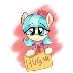 Size: 1219x1219 | Tagged: safe, artist:kqaii, coco pommel, earth pony, pony, g4, bow, bronybait, cocobetes, cute, female, hair bow, hug request, mare, sign, solo