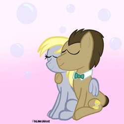 Size: 3600x3600 | Tagged: safe, artist:blinkshake, derpy hooves, doctor whooves, time turner, earth pony, pegasus, pony, g4, brown mane, eyes closed, female, high res, holding, hug, male, mare, ship:doctorderpy, shipping, sitting, smiling, snuggling, stallion, straight, winghug, wings, yellow mane