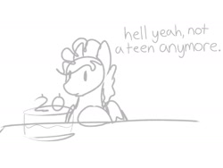 Size: 2000x1500 | Tagged: safe, artist:shiiiny, oc, oc only, oc:shiiiny, pegasus, pony, birthday, birthday cake, cake, curly hair, doodle, food, monochrome, ponysona, simple, sitting, sketch, solo, table