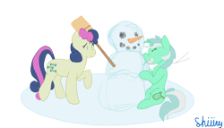 Size: 1280x731 | Tagged: safe, artist:shiiiny, bon bon, lyra heartstrings, sweetie drops, earth pony, pony, g4, broom, carrot, concerned, duo, duo female, evil smile, female, food, grin, lesbian, mare, ship:lyrabon, shipping, simple background, smiling, snow, snowman, transparent background, winter