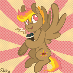 Size: 2000x2000 | Tagged: safe, artist:shiiiny, oc, oc only, oc:mocha sunrise, pegasus, pony, abstract background, brown fur, coffee, female, floating, flying, high res, looking up, mare, multicolored hair, pink eyes, screentone, smiling, solo, steam, sunburst background