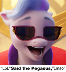 Size: 729x797 | Tagged: safe, edit, edited screencap, screencap, queen haven, pegasus, pony, g5, my little pony: a new generation, spoiler:my little pony: a new generation, 4chan, female, laughing, lmao, lol, mare, meme, reaction image, solo, sunglasses