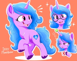 Size: 2048x1622 | Tagged: safe, artist:zebra10045, izzy moonbow, pony, unicorn, g5, my little pony: a new generation, spoiler:my little pony: a new generation, backwards cutie mark, ball, bust, cute, emanata, female, glasses, izzy's tennis ball, izzybetes, mare, morning ponies, mug, open mouth, open smile, orange background, outline, raised hoof, round glasses, simple background, smiling, solo, sparkles, tennis ball, white outline