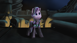 Size: 5120x2880 | Tagged: safe, artist:dreamingofpony, derpibooru exclusive, starlight glimmer, cyborg, pony, unicorn, g4, amputee, augmented, clothes, cyberpunk, equestria girls outfit, female, high res, mare, night, prosthetic leg, prosthetic limb, prosthetics, smiling, solo, vest