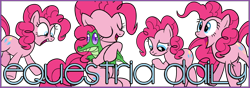 Size: 1000x350 | Tagged: safe, gummy, pinkie pie, alligator, earth pony, pony, equestria daily, g4, banner, black outlines, eyes closed, female, hug, jumping, male, multeity, open mouth, pinkie pie day, simple background, transparent background