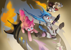 Size: 1024x724 | Tagged: safe, artist:megablack0x, pinkie pie, earth pony, pony, g4, borderlands 2, jinx (league of legends), league of legends, missile, ponified, riding a bomb, rocket, this will end in explosions, tiny tina, trio