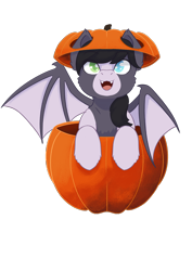 Size: 2480x3508 | Tagged: safe, artist:morrigun, oc, oc only, oc:eden, bat pony, pony, bat wings, commission, cute, cute little fangs, eyes open, fangs, female, fluffy, halloween, halloween 2021, heterochromia, high res, holiday, mare, pumpkin, simple background, solo, transparent background, wings, ych result